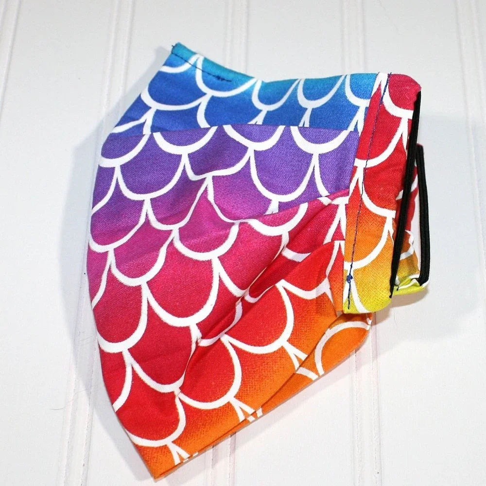 HAND CRAFTED Face Mask Rainbow Mermaid Stripes Cotton- Adult - Pocket Style